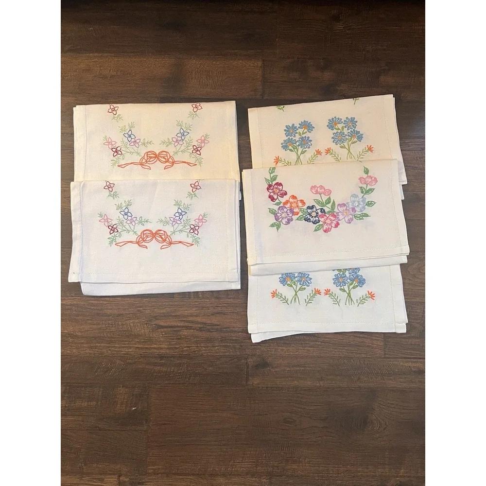 Lot- 5 Vintage Dresser Scarfs EMBROIDERED Table Runner  Floral‎ Bows Woven MCM